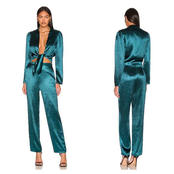 Lovers + Friends Kendall Green Satin Jumpsuit Medium Tie Front Long Sleeve - Picture 1 of 14
